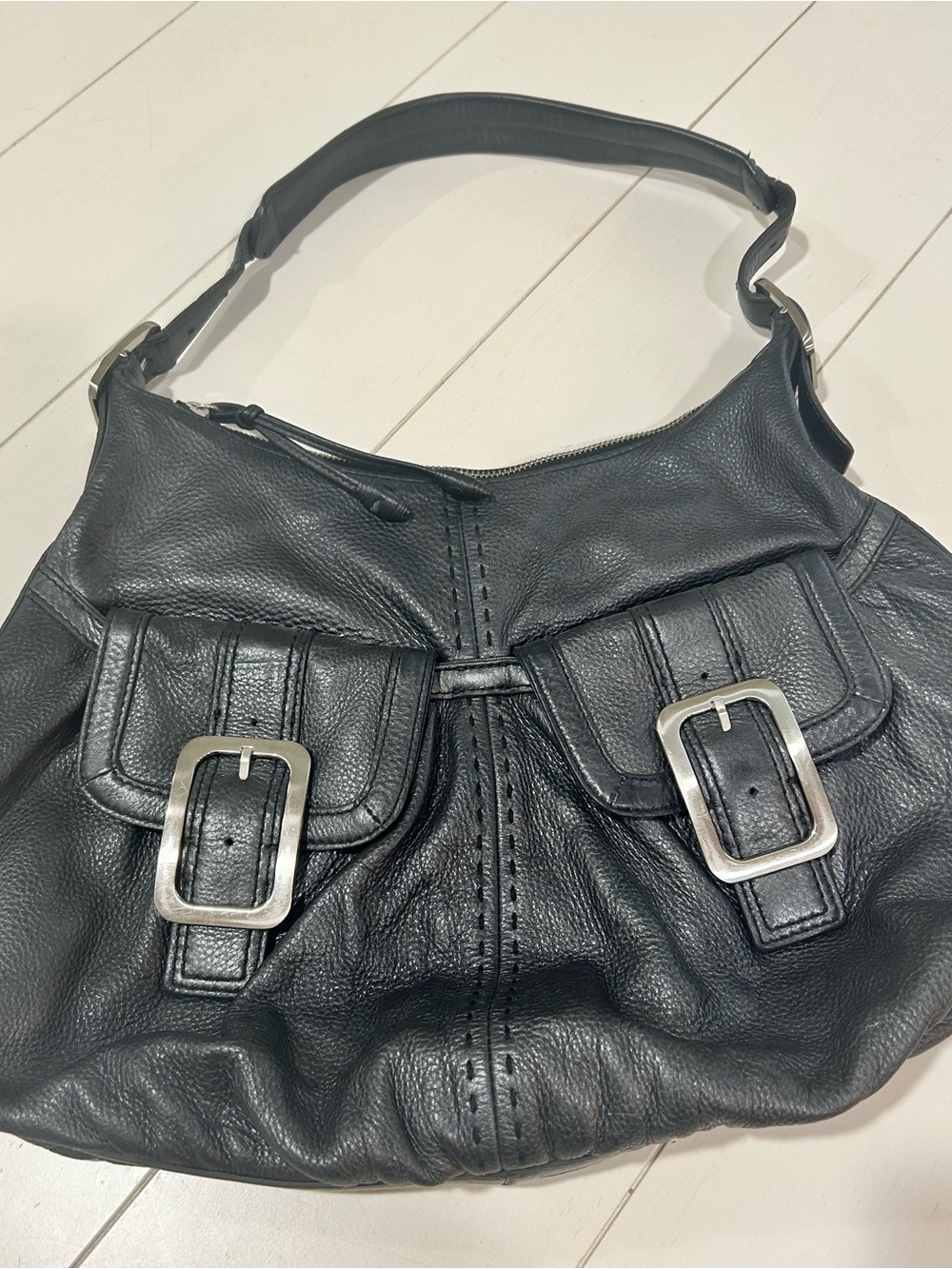 Cole Haan Pewter Leather Shoulder Bag with Buckle Pockets
